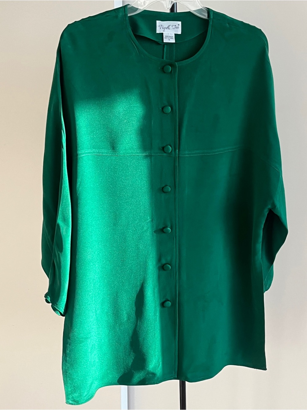 Papell Too 100% silk tunic blouse w Slits Top long sleeves Emerald Green Sz 10